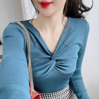 B64- Áo thun tay dài Nữ phom ôm gân tăm cổ xoắn Women Top