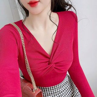 B64- Áo thun tay dài Nữ phom ôm gân tăm cổ xoắn Women Top