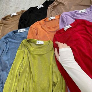 A22- Áo thun trơn tay dài Cổ Tròn Nữ xỏ ngón chất thun nhũ phom ôm Basic Women Top