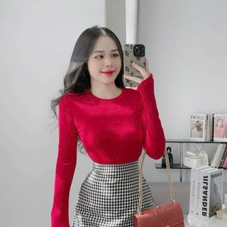 A22- Áo thun trơn tay dài Cổ Tròn Nữ xỏ ngón chất thun nhũ phom ôm Basic Women Top