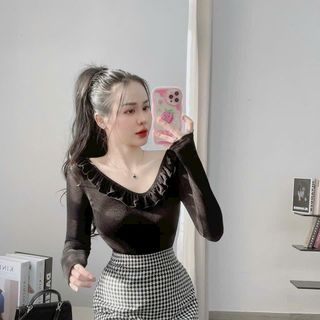 A63- Áo thun tay dài Nữ phom ôm cổ bèo thun nhũ nhún kim Women Top