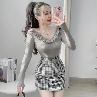 A63- Áo thun tay dài Nữ phom ôm cổ bèo thun nhũ nhún kim Women Top