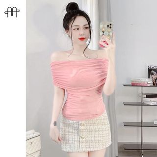 A40 - Áo thun nhũ Trễ vai Nữ ngắn tay nhún eo 2 bên Top Women