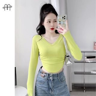 G38 - Áo thun tăm gân Nữ Tay Dài nhún eo 2 bên, phom áo ngắn ngang eo Women
