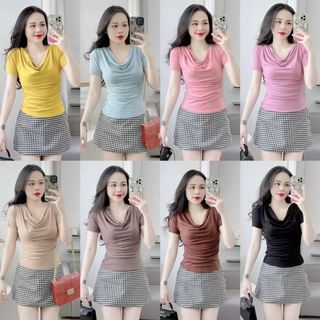 B36 - Áo thun Bozip Lụa QC mềm Nữ Cổ đổ nhún eo bên hông Top Women giá sỉ