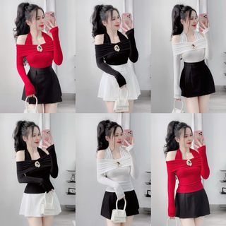 A80- Áo yếm trễ vai nữ thun nhún kim phối tag cài áo đồng tay dài phom ôm dành cho Nữ Women