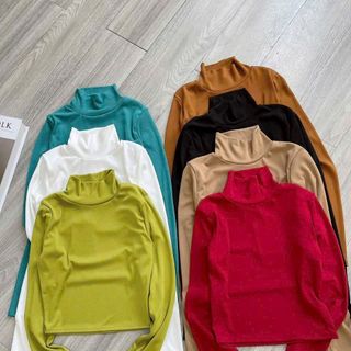 A3- Áo cổ lọ Nữ thun tăm gân tay dài xỏ ngón dáng CROPTOP ngắn ngang eo Women áo cổ
