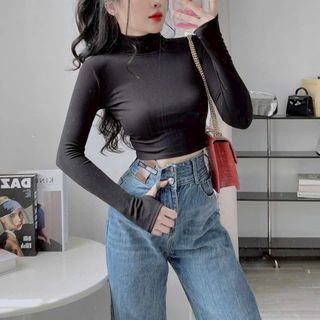 A3- Áo cổ lọ Nữ thun tăm gân tay dài xỏ ngón dáng CROPTOP ngắn ngang eo Women áo cổ