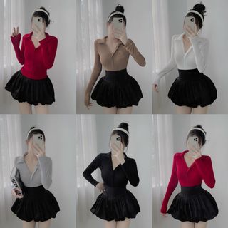 A54- Áo thun nhũ Nữ thiết kế dây kéo phom ôm cổ sơmi (Tay Lỡ và Tay Dài) Women BIGSIZE (40kg- 70kg)