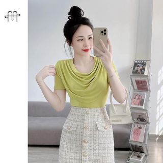 A30 -(Size 40-70kg) Áo thun nhũ Nữ Cổ Đổ TAY NGẮN dáng ngắn ngang eo CROPTOP Women