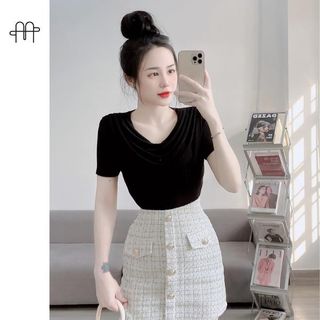 A30 -(Size 40-70kg) Áo thun nhũ Nữ Cổ Đổ TAY NGẮN dáng ngắn ngang eo CROPTOP Women