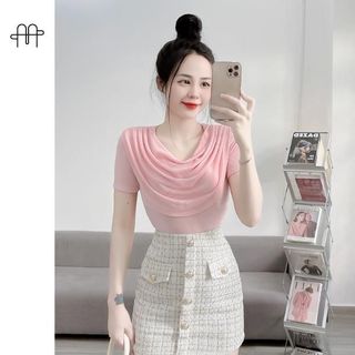 A30 -(Size 40-70kg) Áo thun nhũ Nữ Cổ Đổ TAY NGẮN dáng ngắn ngang eo CROPTOP Women