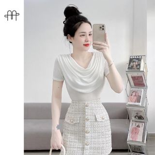 A30 -(Size 40-70kg) Áo thun nhũ Nữ Cổ Đổ TAY NGẮN dáng ngắn ngang eo CROPTOP Women
