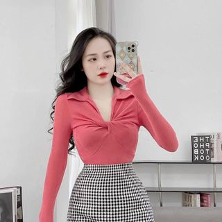 AO53- Áo thun nhũ Nữ cổ xoắn kiểu sơmi phom ôm tay dài Top Women