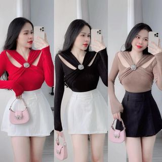 A82- Áo kiểu nữ thun nhũ co dãn nhún kim tay dài cổ vạt chéo