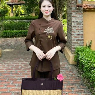 Bộ Đồ Lam Đi Chùa,Pháp Phục đi Lễ Nguyên Set bộ bà ba họa tiết nút cài và khóa kéo thêu sen 03 chất đũi vân mây cao cấp