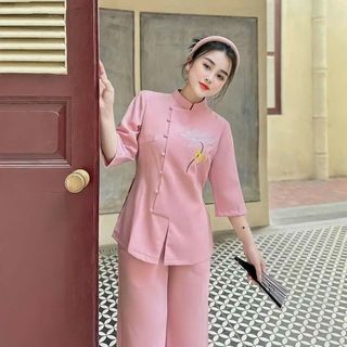 Bộ Đồ Lam Đi Chùa,Pháp Phục đi Lễ Nguyên Set bộ bà ba họa tiết nút cài và khóa kéo thêu sen 03 chất đũi vân mây cao cấp