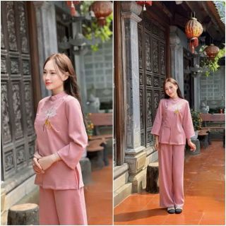 Bộ Đồ Lam Đi Chùa,Pháp Phục đi Lễ Nguyên Set bộ bà ba họa tiết nút cài và khóa kéo thêu sen 03 chất đũi vân mây cao cấp