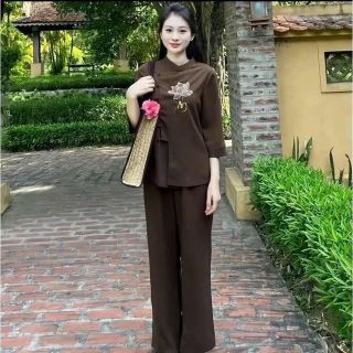 Bộ Đồ Lam Đi Chùa,Pháp Phục đi Lễ Nguyên Set bộ bà ba họa tiết nút cài và khóa kéo thêu sen 03 chất đũi vân mây cao cấp