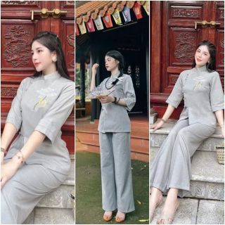 Bộ Đồ Lam Đi Chùa,Pháp Phục đi Lễ Nguyên Set bộ bà ba họa tiết nút cài và khóa kéo thêu sen 03 chất đũi vân mây cao cấp