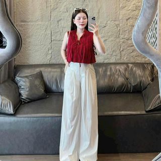 Set bộ thời trang nữ chất đũi vân mây áo tay sát nách cổ sơ mi mix quần ống rộng thiết kế sang trọng
