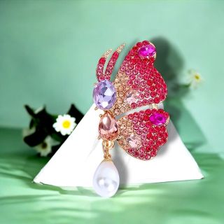 Ghim cài áo hình bướm pha Lê Ngọc trai thả thời trang nữ tính dành cho nữ - 6cm