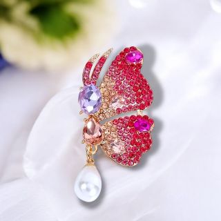 Ghim cài áo hình bướm pha Lê Ngọc trai thả thời trang nữ tính dành cho nữ - 6cm