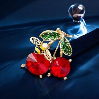 Ghim Cài Áo Hình Chú Ong Và Cherry Đính Đá Pha Lê Dễ Thương Thời Trang Cho Nữ -4cm
