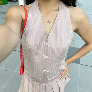 [SHOOPPUMI] Set áo vest cotton sọc sát nách kèm chân váy xếp ly khóa kéo 2 màu SM Pumi