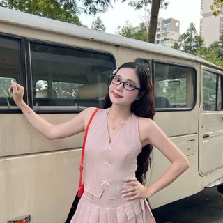 [SHOOPPUMI] Set áo vest cotton sọc sát nách kèm chân váy xếp ly khóa kéo 2 màu SM Pumi