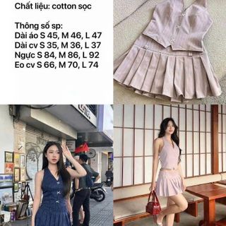 [SHOOPPUMI] Set áo vest cotton sọc sát nách kèm chân váy xếp ly khóa kéo 2 màu SM Pumi