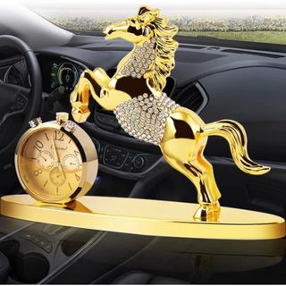 Ngựa đính đá có đồng hồ để taplo ô tô chất liệu hợp kim mạ vàng có nước hoa tinh dầu khử mùi ô tô