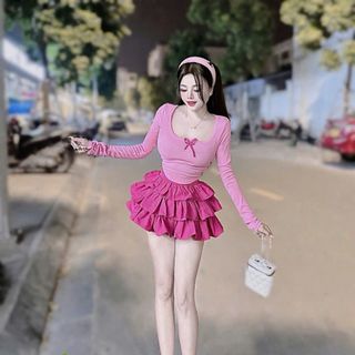 Set áo TD đính nơ kèm chân váy 3 tầng xoè - Lê Phương Boutique