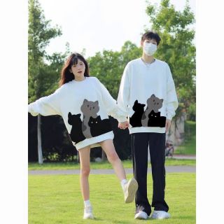 Áo Sweater Nam Nữ In Hình Mèo Form Rộng Cổ Tròn Áo Couple Làm Quà Tặng