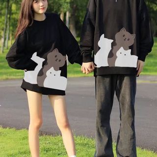 Áo Sweater Nam Nữ In Hình Mèo Form Rộng Cổ Tròn Áo Couple Làm Quà Tặng