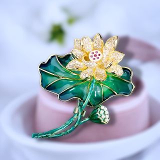 Ghim Trâm cài lá sen tráng men vàng kim cương giả cao cấp thời trang dành cho nam nữ - 6.5cm