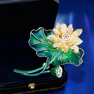 Ghim Trâm cài lá sen tráng men vàng kim cương giả cao cấp thời trang dành cho nam nữ - 6.5cm
