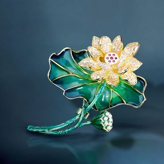 Ghim Trâm cài lá sen tráng men vàng kim cương giả cao cấp thời trang dành cho nam nữ - 6.5cm