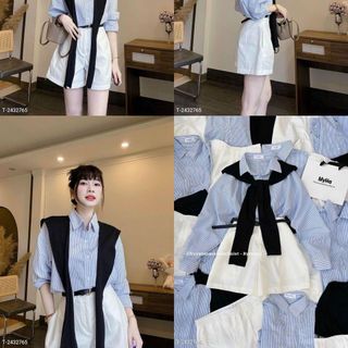 SET 4 món áo sơ mi sọc chất kate, khăn choàng, quần kaki mềm kèm dây nịt Freesize dưới 55kg