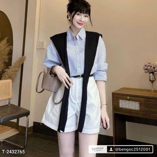 SET 4 món áo sơ mi sọc chất kate, khăn choàng, quần kaki mềm kèm dây nịt Freesize dưới 55kg