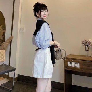 SET 4 món áo sơ mi sọc chất kate, khăn choàng, quần kaki mềm kèm dây nịt Freesize dưới 55kg