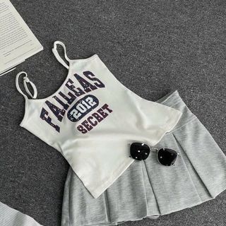 Set áo 2 dây + chân váy xám kèm sơ mi sọc freesize
