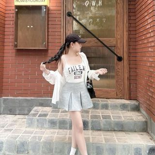 Set áo 2 dây + chân váy xám kèm sơ mi sọc freesize