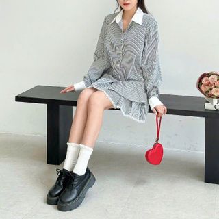 [SHOPPUMI] Set Bunny cotton sọc kẻ tay dài kèm chân váy xếp ly khóa kéo 2 màu freesize Pumi