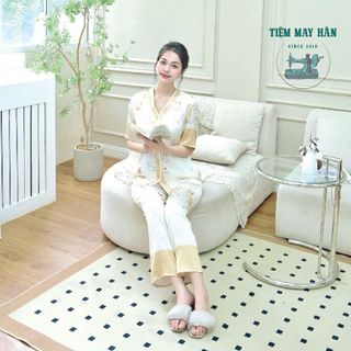 Bộ Pyjama Lụa Pháp Dạ Tiệc Thỏ Vàng HANCLOSET - Đồ Ngủ Cao Cấp Sang Trọng HA1016
