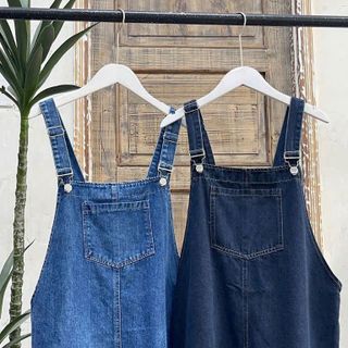 [SHOPPUMI] Yếm jean dáng lửng chất đẹp 2 màu nhạt và đậm freesize túi giữa Pumi