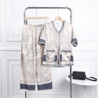 Bộ Pyjama Lụa Pháp ROYAL FOREST HanCloset, Bộ Đồ Mặc Nhà Cao Cấp Sang Trọng HA1010