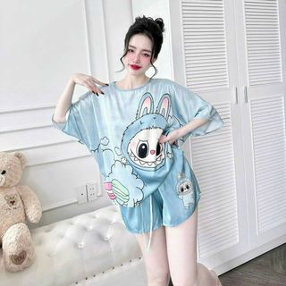 Bộ Pijama Lụa Pháp LABUBU Cổ Tròn Ngắn Tay HanCloset - Đồ Mặc nhà Mềm Mại, Dễ Thương HA1009