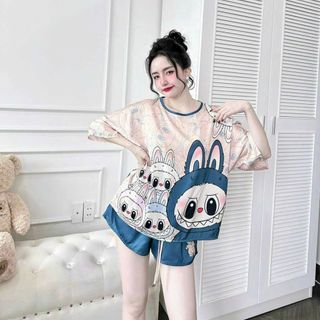Bộ Pijama Lụa Pháp LABUBU Cổ Tròn Ngắn Tay HanCloset - Đồ Mặc nhà Mềm Mại, Dễ Thương HA1009