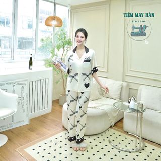 Bộ Pyjama Lụa Pháp Luxe Heart HanCloset, Áo Cánh Dơi Quần Dài, Bộ Đồ Ngủ Cao Cấp Sang Trọng HA1017 giá sỉ
